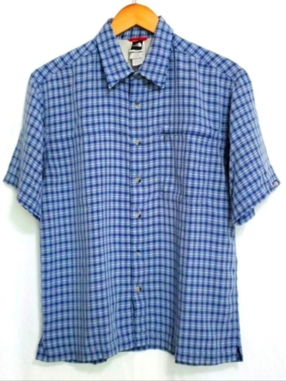 The North Face Short Sleeve Blue Plaid Button Down Shirt Mens Medium